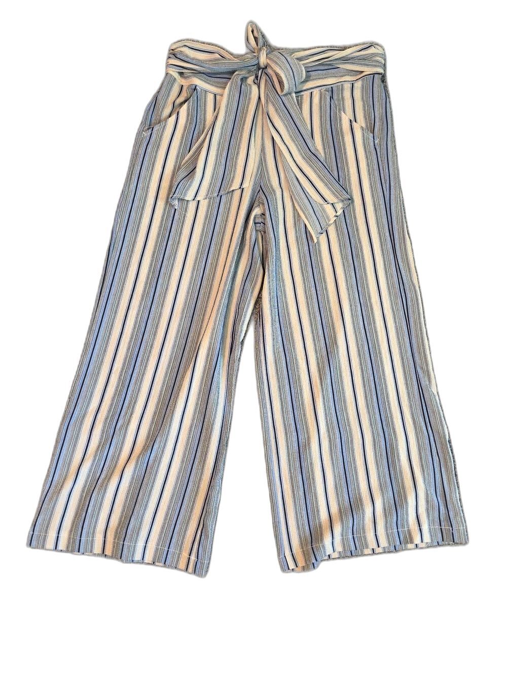 Max Studio Blue and Cream Striped Wide-Leg Tie-Waist Pants